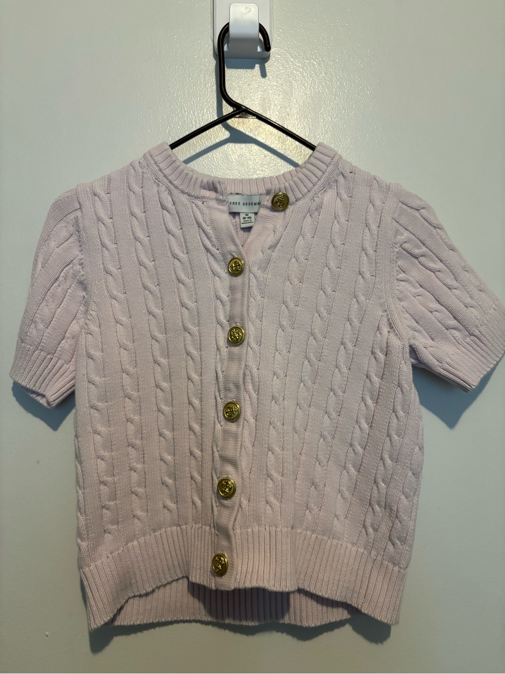 Short-Sleeve Cable Knit Cardigan Sweater - Pale Pink